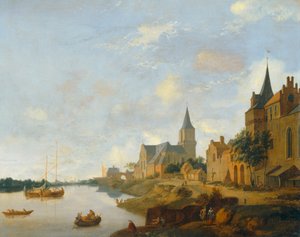 O Reno em Emmerich com a Igreja de São Martinho ... de Jan van der (manner of) Heyden