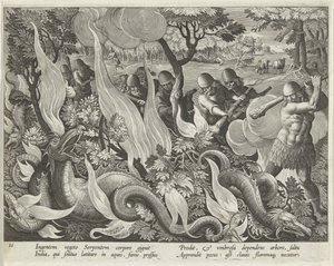 Capturando Serpentes na Índia Usando Clubes e Tochas para Acender o Vegetação Subterrânea, placa 44 de Venationes Ferarum, Avium, Piscium (De Caça: Animais Selvagens, Pássaros, Peixes) pub. 1640