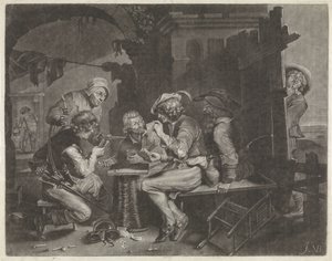 Jogadores de cartas e um homem que faz xixi