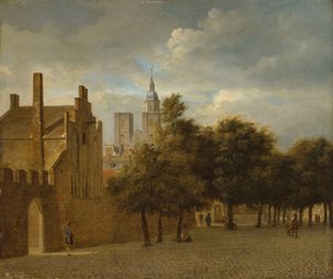 Uma paisagem urbana com figuras a passear, uma igreja mais além de Jan van der Heyden