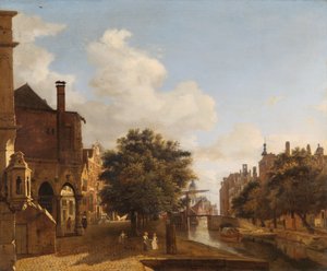 Architectural Fantasy, com a Câmara Municipal Velha, Amesterdão c.1667-72 (óleo sobre painel de carvalho) de Jan van der Heyden