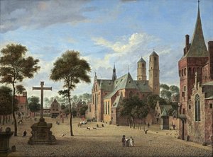 Vista de Colónia com as torres de São Pantaleão e uma versão imaginária da nave da Martinikerk em Emmerik de Jan van der Heyden