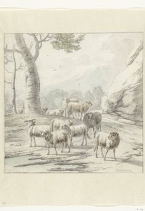 Paisagem com um rebanho de ovelhas perto de uma árvore de Jan van der Meer (II)