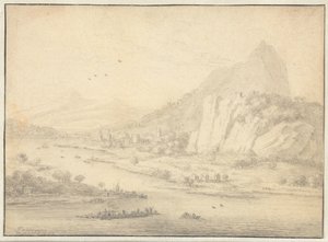 Paisagem montanhosa do rio com barcos de Jan van der Meer (II)