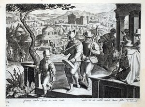 Birdcatchers que sai para travar melros, ilustração de &39;Venationes, Ferarum, Avium, Piscium&39; (da caça: Bestas selvagens, pássaros, peixes), gravados por Jan Collaert (1566-1628), bar. por Phillipus Gall de Jan van der Straet