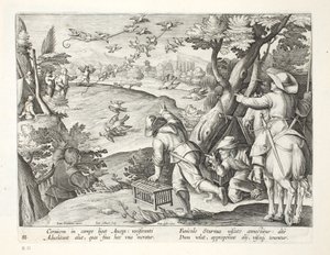 Fowlers que pegam corvos, ilustração de "Venationes, Ferarum, Avium, Piscium" (da caça: Bestas selvagens, pássaros, peixes), gravada por Jan Collaert (1566-1628), bar. por Phillipus Gallaeus, Amsterdam (por de Jan van der Straet