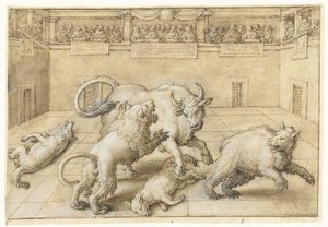 Luta numa arena entre um touro, um leão, um urso e dois lobos de Jan van der Straet