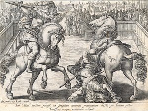 Giovanni de &39;Medici mata um opositor em um duelo, placa 5 de&39; A história dos Medici &39;, gravada por Philip Galle (1537-1612), c. de Jan van der Straet
