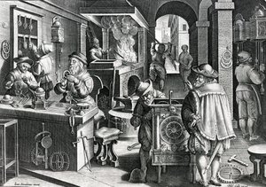 O ferro relógios, a placa 5 &39;de Nova Reperta&39; gravada pela Philips Galle, c.1580-1605
