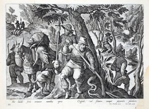 Caçadores usam lanças ou armas carregadas com chumbo para caçar javalis de montanha, ilustração de &39;Venationes, Ferarum, Avium, Piscium&39; (de caça: feras, pássaros, peixes), gravada por Jan Collaert (1566-1628), de Jan van der Straet
