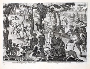 Caçando macacos no campo, ilustração de &39;Venationes, Ferarum, Avium, Piscium&39; (da caça: Bestas selvagens, pássaros, peixes), gravados por Jan Collaert (1566-1628), bar. por Phillipus Gallaeus, Am de Jan van der Straet