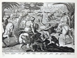 Mouros à caça de cavalos Avestruzes, placa 62, ilustração de &39;Venationes, Ferarum, Avium, Piscium&39; (da caça: Bestas selvagens, pássaros, peixes), gravada por Jan Collaert (1566-1628), bar. por Phillipus de Jan van der Straet