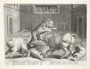 Nobres assistem ao combate de feras em um circo indoor, ilustração de "Venationes, Ferarum, Avium, Piscium" (de caça: feras, pássaros, peixes), gravada por Jan Collaert (1566-1628), pub. por de Jan van der Straet