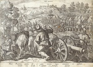A Batalha de Mons Regionis, placa de "A História dos Medici", gravada por Philip Galle (1537-1612), c.1583 de Jan van der Straet