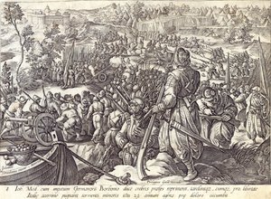 A Morte de Giovanni de &39;Medici in Battle, placa 8 de&39; A História dos Medici &39;, gravada por Hendrick Goltzius (1558-1617), c.1583 de Jan van der Straet