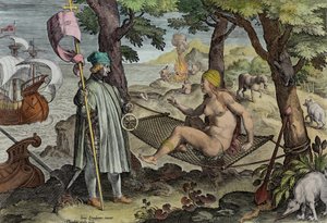 Vespucci Discovering America, prato 2 de &39;Nova Reperta&39; (Novas Descobertas) gravado por Theodor Galle (1571-1633) c.1600 (posterior coloração)