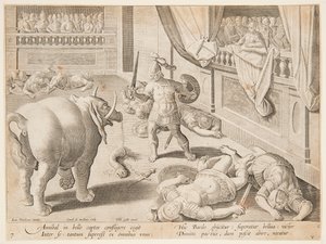 Um soldado romano lutando contra um dos elefantes de Hannibal, pl. 7 na série Venationes Ferarum, Avium, Piscium