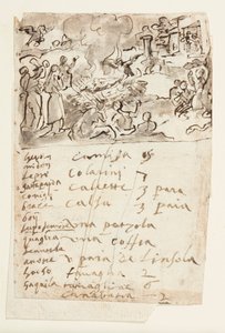 Morte da Mulher de Sestos, da História Natural de Plínio, Livro 10, cap. 6; abaixo: inscrição listando animais apresentados em uma série de imagens de caça e lista de itens de vestuário de Jan van der Straet, called Stradanus