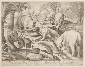 Elefantes segurando uns aos outros fora de uma armadilha, placa 1 da série Hunting of Wild Animals, Birds, and Fish de Jan van der Straet, called Stradanus