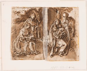 Meia página de um caderno de desenho; Virgem e Menino e uma terceira figura de Jan van der Straet, called Stradanus