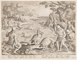 Índios Pegando Peixes com a Ajuda de Pelicanos, placa 23 da série Jogo de Caça, Aves e Peixes de Jan van der Straet, called Stradanus