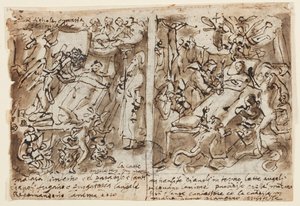 Página de um caderno de desenho; Poderes celestiais ajudando piedosos; Esboço para retrato de santo; Decoração do frontão de Jan van der Straet, called Stradanus