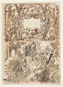 Página de um caderno de desenho; Folha de rosto para série de gravuras sobre caça; Acidente de um caçador de Jan van der Straet, called Stradanus