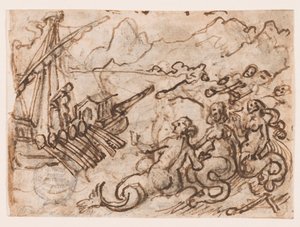 Página de um caderno de desenho: Ulisses passa as sereias (reto); Ulisses no submundo (verso) de Jan van der Straet, called Stradanus