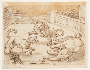 Reto: Alexandre, o Grande, assistindo a uma luta entre seu cão, elefante e leão; Verso: Verso: inscrição relativa à História Natural de Plínio, o Velho, Livro 8, cap. 61 de Jan van der Straet, called Stradanus