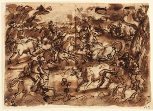 Recto: Caça ao touro com Lassos; Verso, acima: Caça ao Urso por Homens de Armadura; Verso, abaixo: Caçando Macacos por Decepção; todos os projetos preliminares para a série Venationes de Jan van der Straet, called Stradanus
