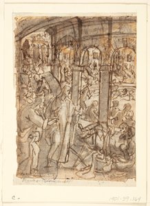 Reto: Cristo curando paralíticos perto do tanque de Betesda; Verso, acima: Mercúrio, patrono dos viajantes; Verso, abaixo: estudos de um homem perto de uma porta aberta de Jan van der Straet, called Stradanus