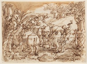 Reto: Elefantes Caçados por Trogloditas [Homens das Cavernas]; Verso: inscrição relativa à História Natural de Plínio, o Velho, Livro 8, cap.8