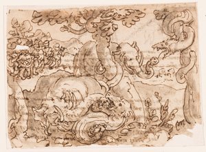 Reto: Luta entre elefantes e cobras, da História Natural de Plínio (livro 8, cap.11-12); Verso: inscrição relativa ao material de origem de Jan van der Straet, called Stradanus