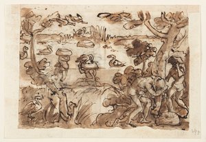 Reto: Caçando Patos Usando Abóboras nas Índias Ocidentais; Verso, acima: Caça ao Crocodilo no Nilo; Verso, abaixo: caçando tigres usando armadilhas e espelhos de Jan van der Straet, called Stradanus
