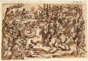 Reto: O cônsul romano Attilius Regulus lutando contra uma serpente gigante africana, da História Natural de Plínio, Livro 8, cap. 14; Verso: Ptyolomy pegando uma serpente gigante com uma rede, de Diodorus Siculus, Bibliotheca Historica III, 37