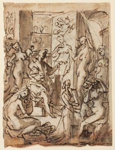 Reto: Zeuxis pintando Helena; Verso: Estudos de figuras para uma ilustração do oitavo círculo, décima bolgia do Inferno de Dante (Falsificadores: Mestre Adamo, Sinon de Tróia, Esposa de Potifar) de Jan van der Straet, called Stradanus