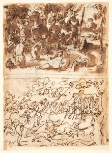 Reto, acima: Diana e Acteon; Reto, abaixo: Caça ao javali; Verso, acima: estudos de duas cabeças masculinas; Verso, abaixo: Encontro de Ana e Joaquim na Porta Dourada, A circuncisão do Menino Jesus de Jan van der Straet, called Stradanus