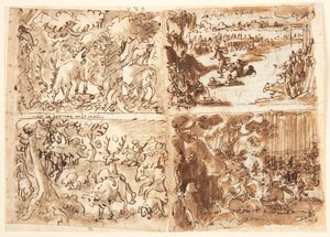 Reto, acima à esquerda: Cervo atacado por um lince; acima à direita: Cloelia e seus Companheiros escapam do Acampamento de Porsena; abaixo à direita: Mulheres Caçando; abaixo à esquerda: Deer Hunt, com um Stag escondendo seu cheiro. Verso: Dois bustos de m de Jan van der Straet, called Stradanus