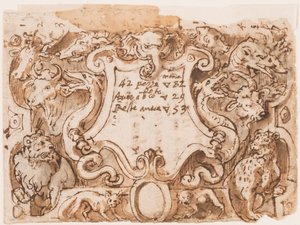 À direita: projeto preliminar para a página de rosto da série impressa Hunting of Wild Bears and Fish; Verso: notas de Stradanus sobre pagamentos a um alfaiate de Jan van der Straet, called Stradanus