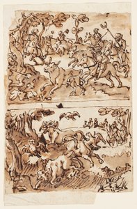 Página de sketchbook com Bull Hunts de Jan van der Straet, called Stradanus