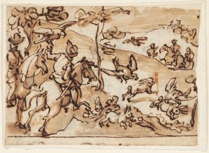 Página de sketchbook com Hare Hunt e Falcons de Jan van der Straet, called Stradanus
