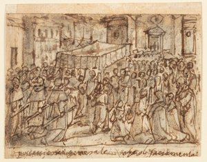 Página do Sketchbook com Procissão com a Hóstia e Missa Pontifícia de Jan van der Straet, called Stradanus