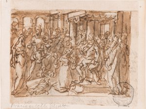 O Julgamento de Salomão, projeto preliminar para "Spiritus Sapientiae" (O Espírito da Sabedoria), placa 1 na série de impressão "Sete Dons do Espírito Santo" de Jan van der Straet, called Stradanus