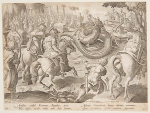O cônsul romano Attilius Regulus lutando contra uma serpente gigante africana, placa 25 na série Wild Hunts