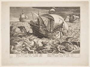 Três navios cercados por monstros