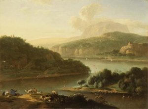 Uma paisagem fluvial com pastores e camponeses em primeiro plano de Jan van der the Younger Meer