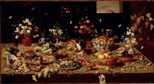 Natureza morta com frutas e flores Mesa coberta com pratos com figos, ameixas, romãs, uvas, pêssegos. Pintura em cobre de Jan Van Kessel (1626-1679) Galleria Doria Pamphilj, Roma - Natureza Morta de Flores, Frutas e Animais, de Jan Van Kessel (1626-79).