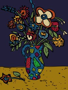 Flores num jarro de louça, 2012 (lembradas em photoshop a partir do corte original em lino) de Jane Willingale