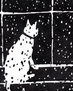 Gato na janela durante uma tempestade de neve, c.2019 (tinta sobre papel)