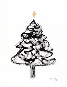 Árvore de Natal com tinta sumi e cruz dourada, c.2021 (tinta sumi e aguarela sobre papel) de Janel Bragg